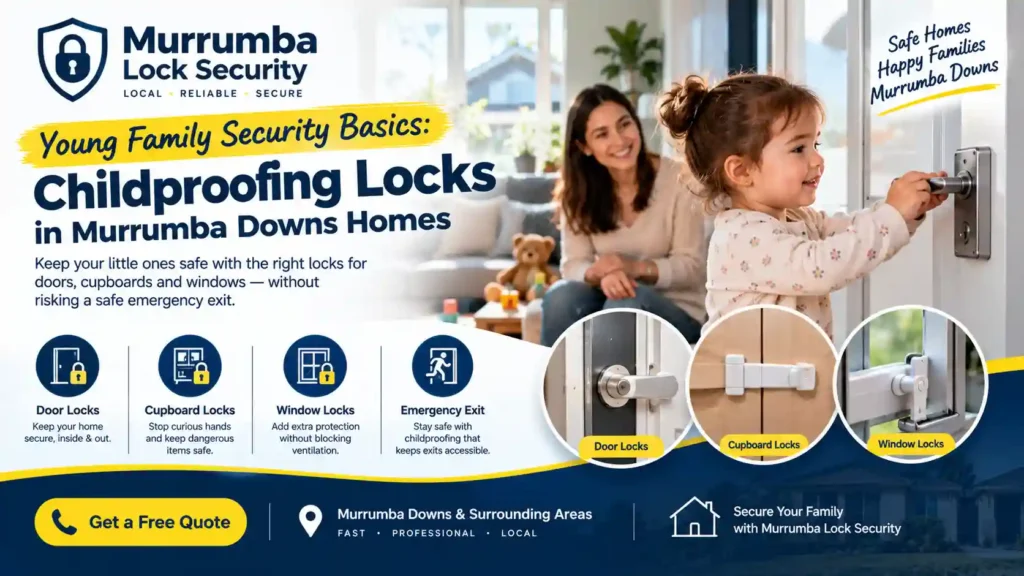 Childproofing locks for a family home, featuring door locks, cupboard safety locks and window locks to help improve child safety while keeping emergency exits accessible.
