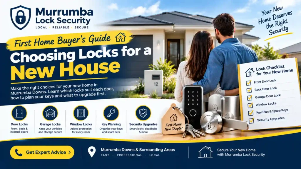 First home buyers reviewing door locks, garage locks, window locks, key planning and security upgrade options for a new house in Murrumba Downs.