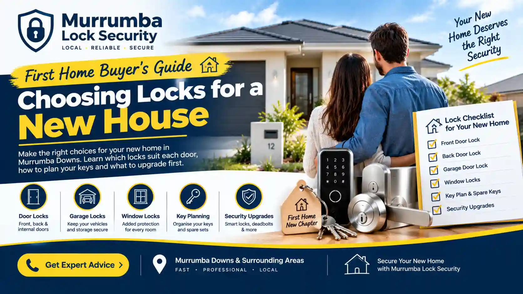 First home buyers reviewing door locks, garage locks, window locks, key planning and security upgrade options for a new house in Murrumba Downs.