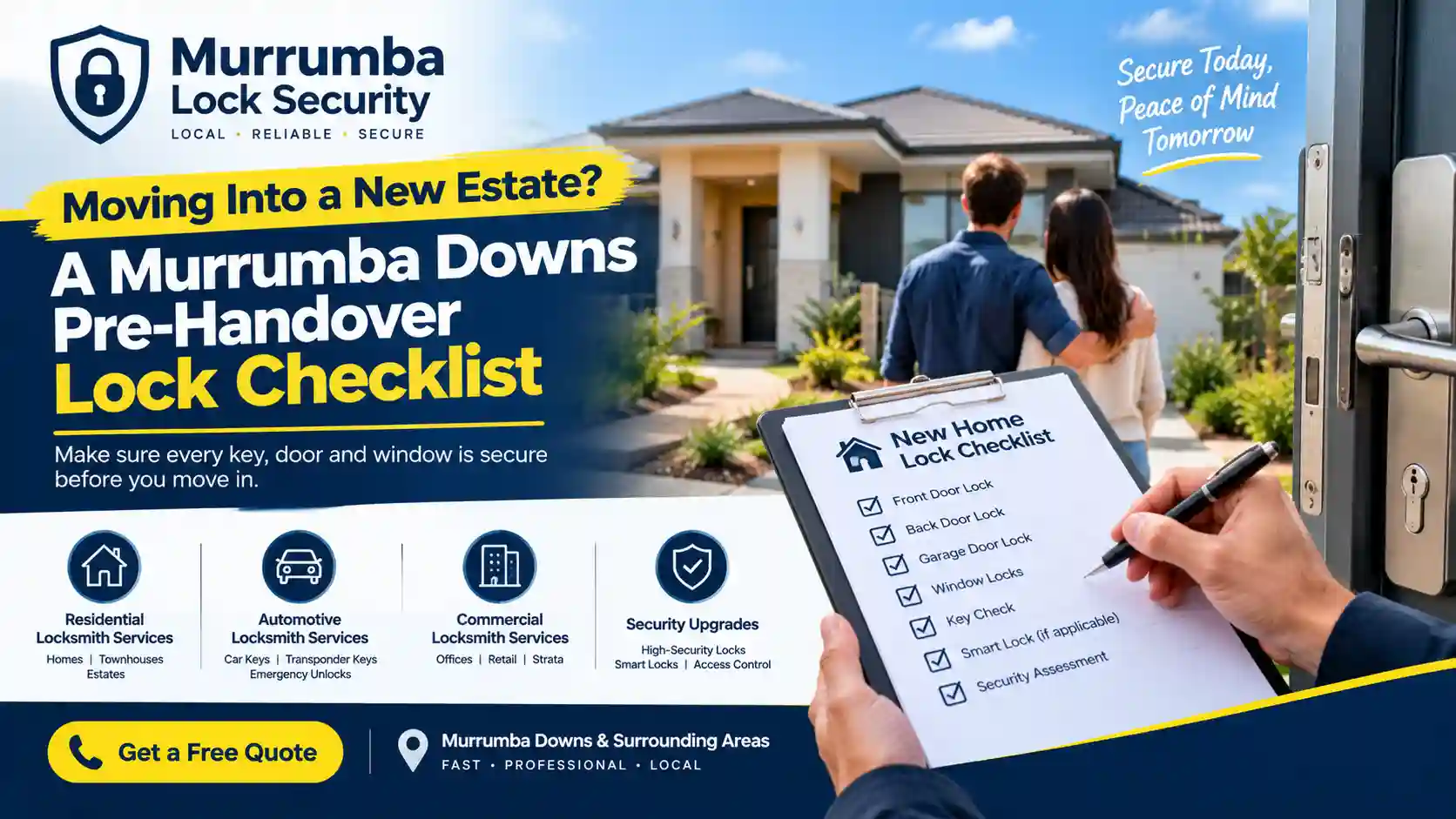 New home lock checklist showing door locks, window locks and key checks for a Murrumba Downs property