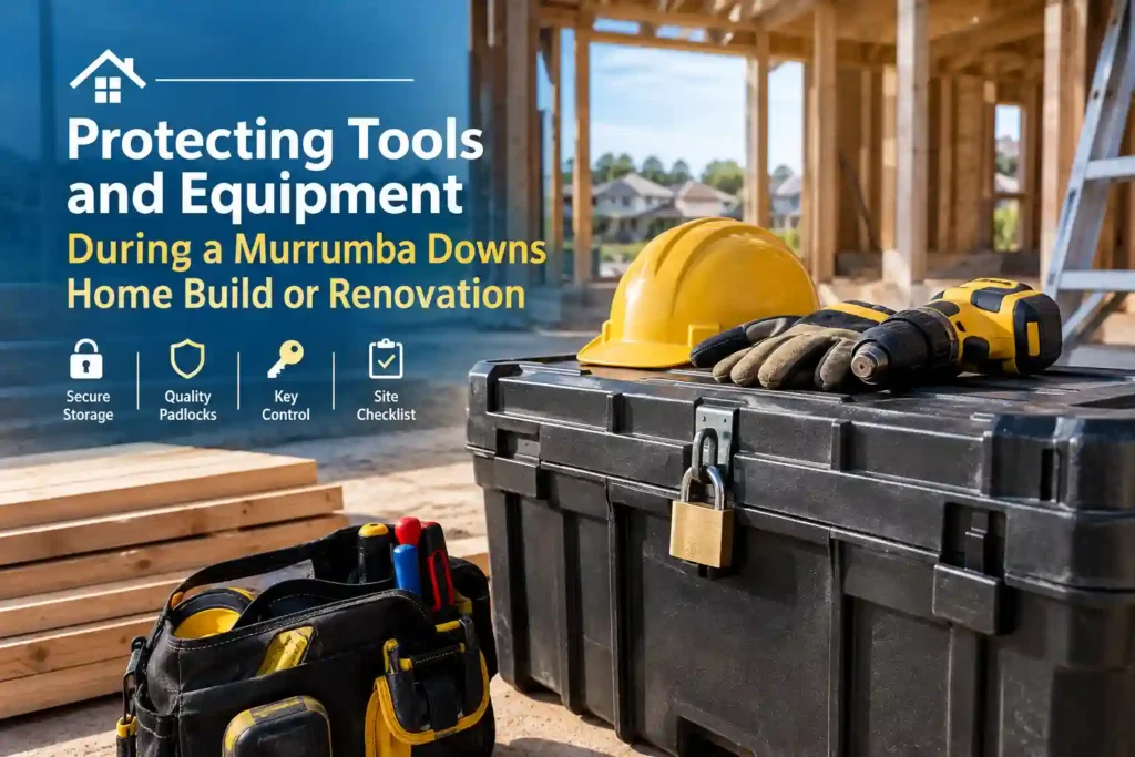 Protecting tools and equipment during a Murrumba Downs home build with secure storage and a padlocked toolbox.