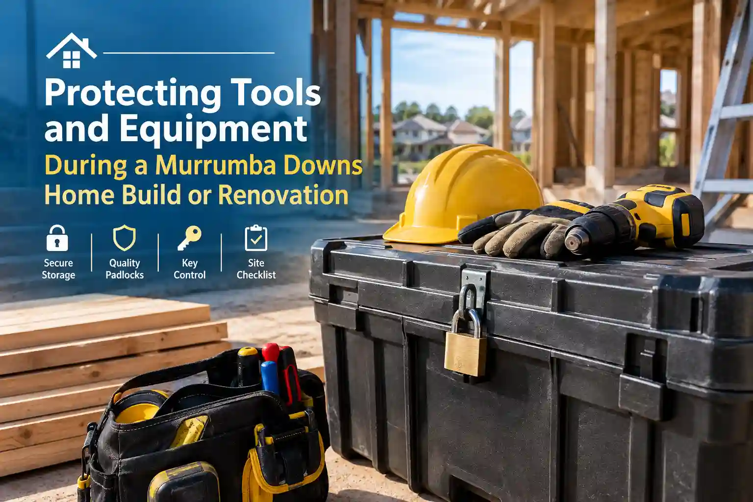 Protecting tools and equipment during a Murrumba Downs home build with secure storage and a padlocked toolbox.