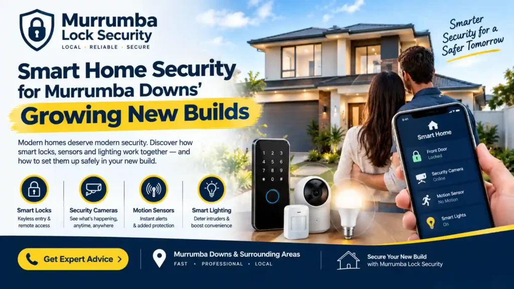 Smart home security for a modern Murrumba Downs property featuring a keypad smart lock, security camera, motion sensor, smart lighting and mobile security controls.